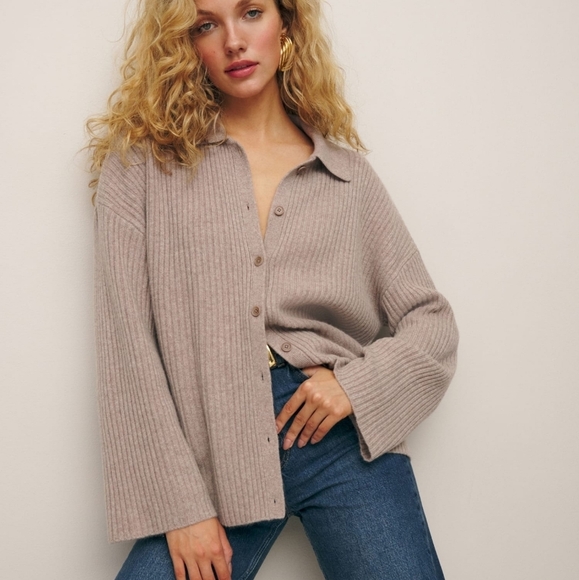 Reformation Fantino Cashmere Collared Cardigan in Oatmeal size S NWT - Picture 1 of 12